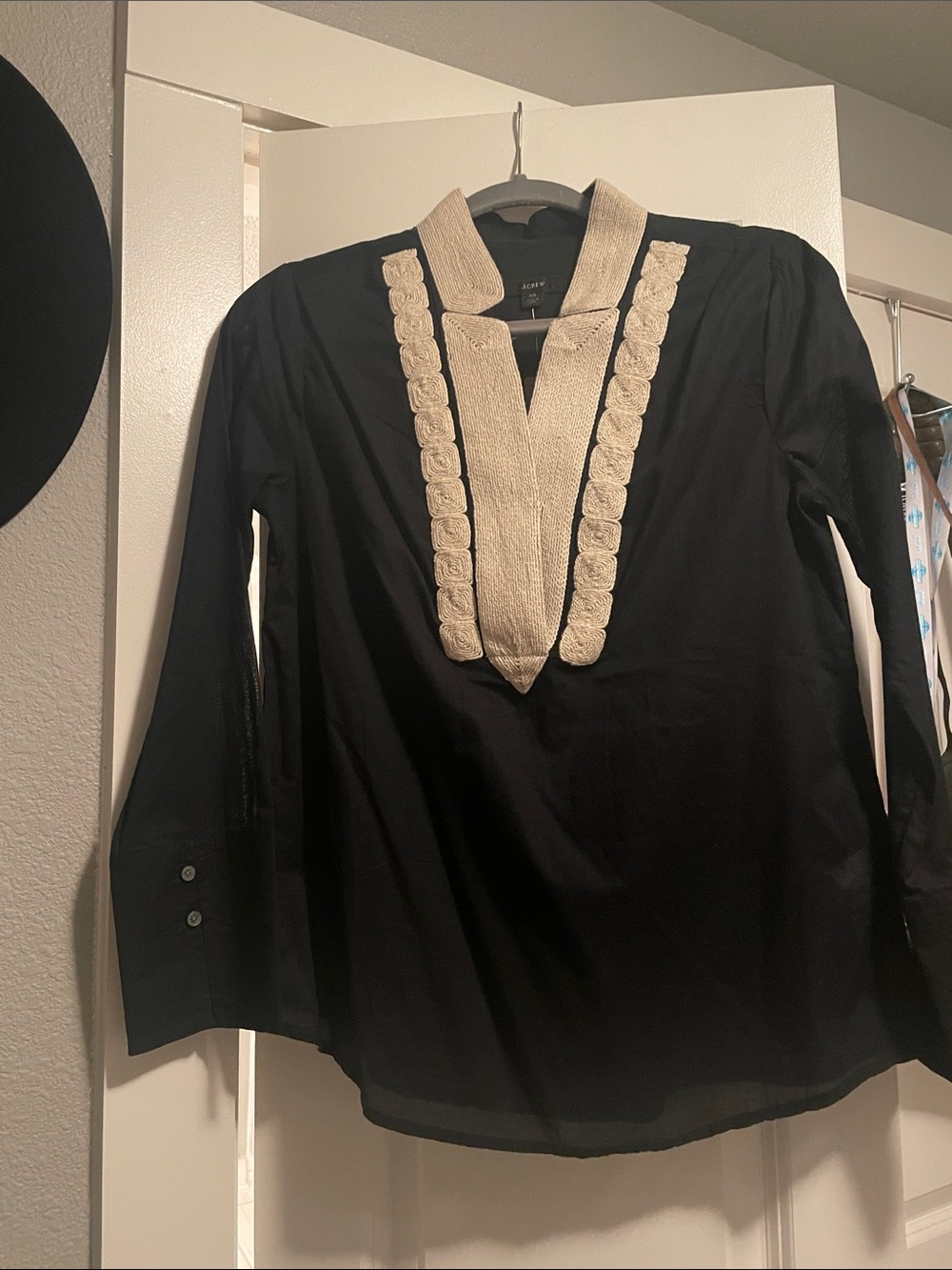 J. Crew Black Button-Down Shirt with Cream Embroidered Placket
